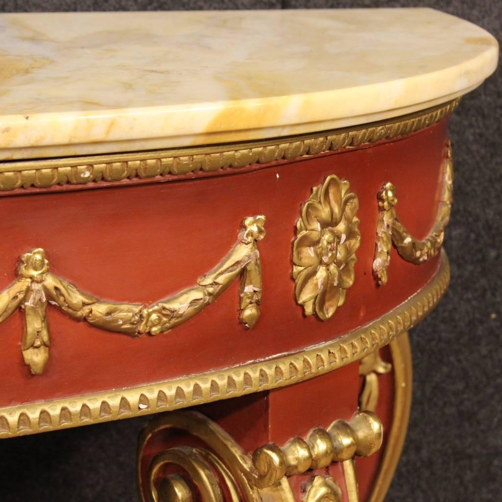 20th Century Italian Lacquered and Gilt Console Table with Marble Top In Good Condition In Vicoforte, Piedmont