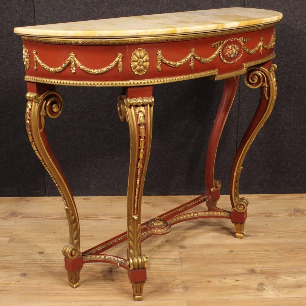 20th Century Italian Lacquered and Gilt Console Table with Marble Top 3