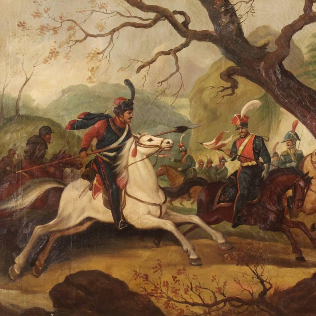 Great Italian painting of the mid-20th century. Work oil on canvas depicting battle with knights. Painting signed lower right 