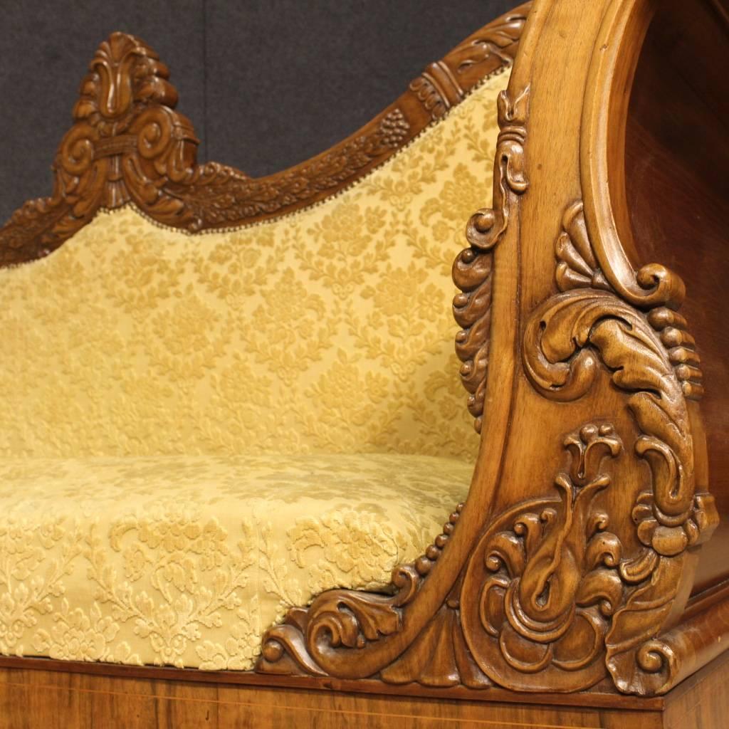 Velvet 19th Century Antique French Inlaid Sofa in Walnut