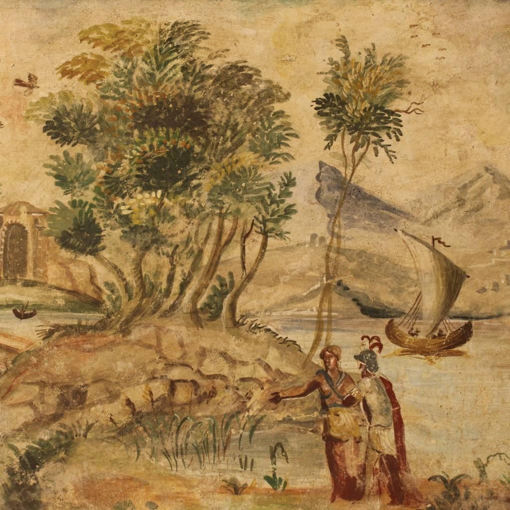 Great Italian painting of the early 20th century. Painting depicting of bright landscape of neoclassical style of fabulous decor. Work full of different decorative elements, architecture, lake with boat and characters. Painting in beautiful patina