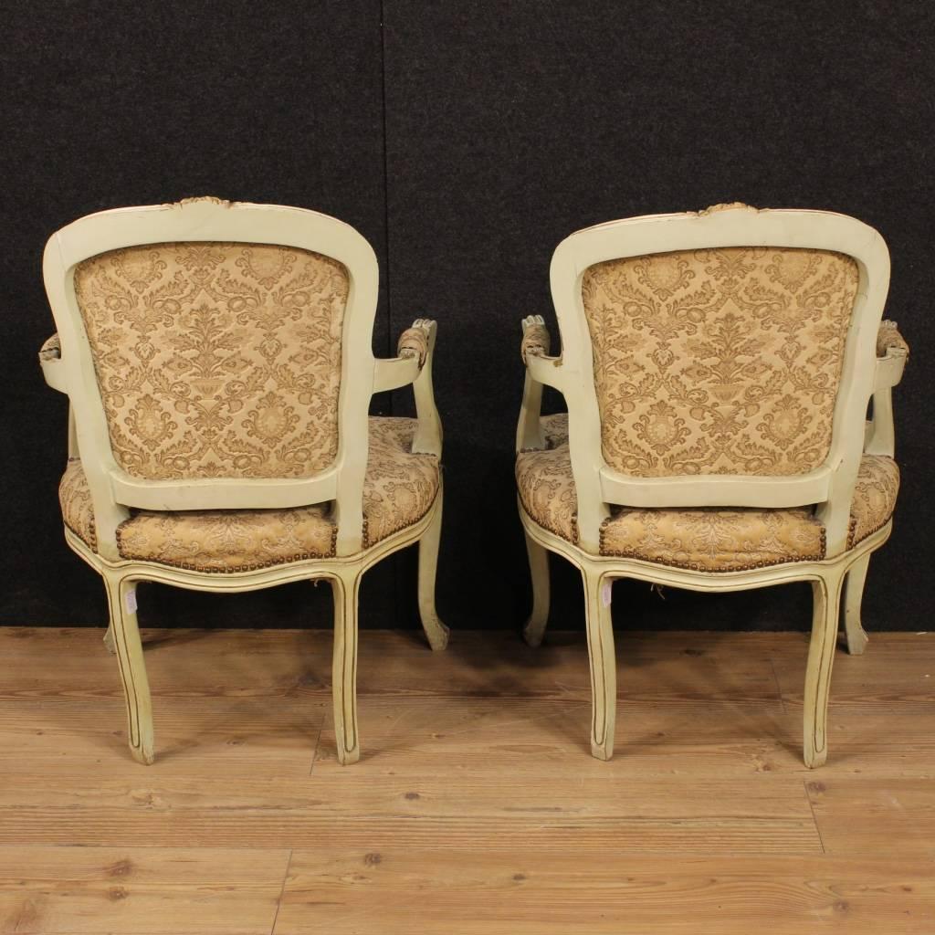20th Century Pair of Italian Lacquered and Gilt Armchairs with Damask Fabric 2