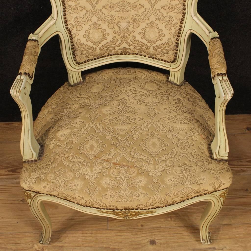 20th Century Pair of Italian Lacquered and Gilt Armchairs with Damask Fabric 3