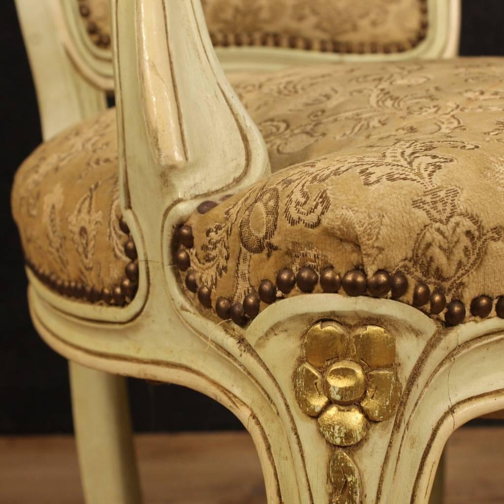 20th Century Pair of Italian Lacquered and Gilt Armchairs with Damask Fabric 7