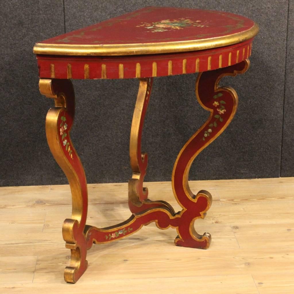 Wood 20th Century Italian Lacquered and Painted Demilune Console Table For Sale