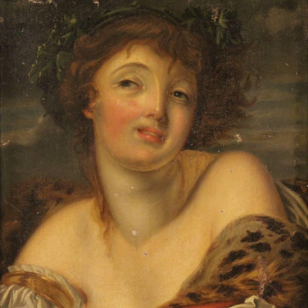 Antique French painting of the mid-19th century. Framework depicting nice portrait of a young drunken girl from bacchanal. Work oil on canvas of excellent painting hand, it has been backed again during the 20th century. Carved and gilded wooden