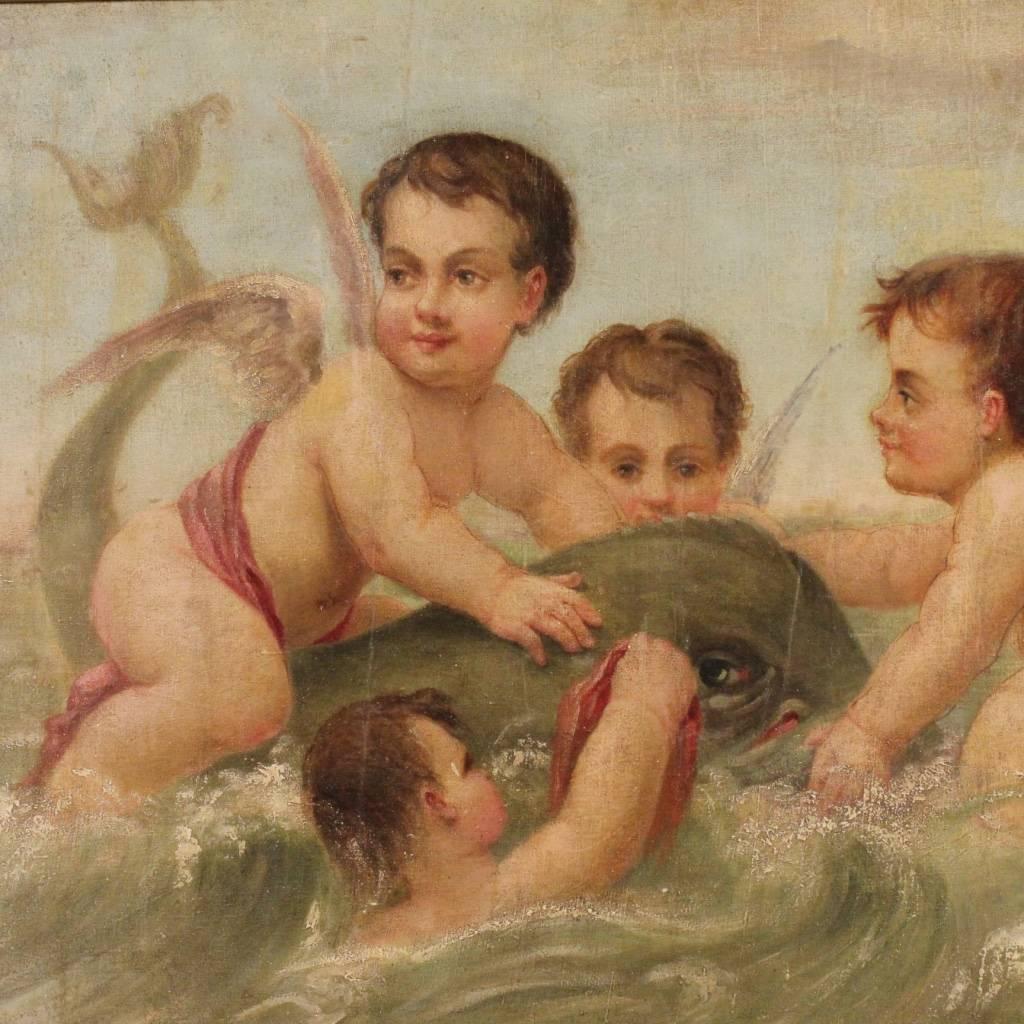 French painting of the first half of the 20th century. Oil painting on canvas depicting "Cherubs playing with a mythological Dolphin", very pleasant. Golden wooden frame in good condition. Fabulous decoration painting signed lower right.