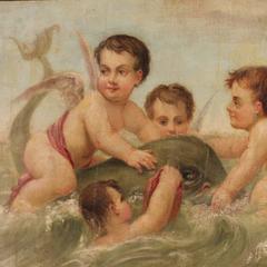 tableau français du 20ème siècle "Chérubins jouant avec un dauphin mythologique"