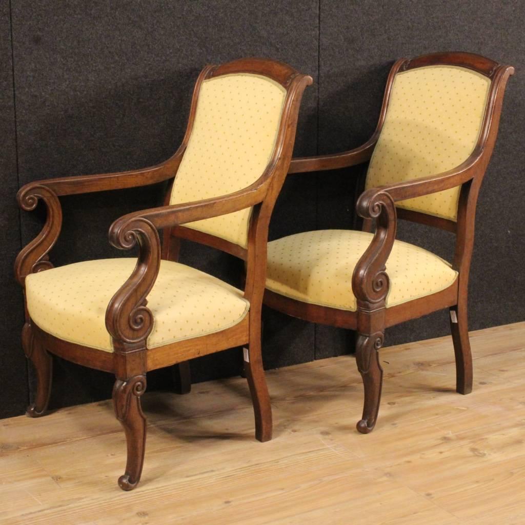 Pair of French armchairs in Empire style. Furniture of the 19th century of great refinement carved in mahogany. Seatings of excellent comfort with padding in good state of conservation. Measure: Height to seat: 43 cm. Seats and backs upholstered in