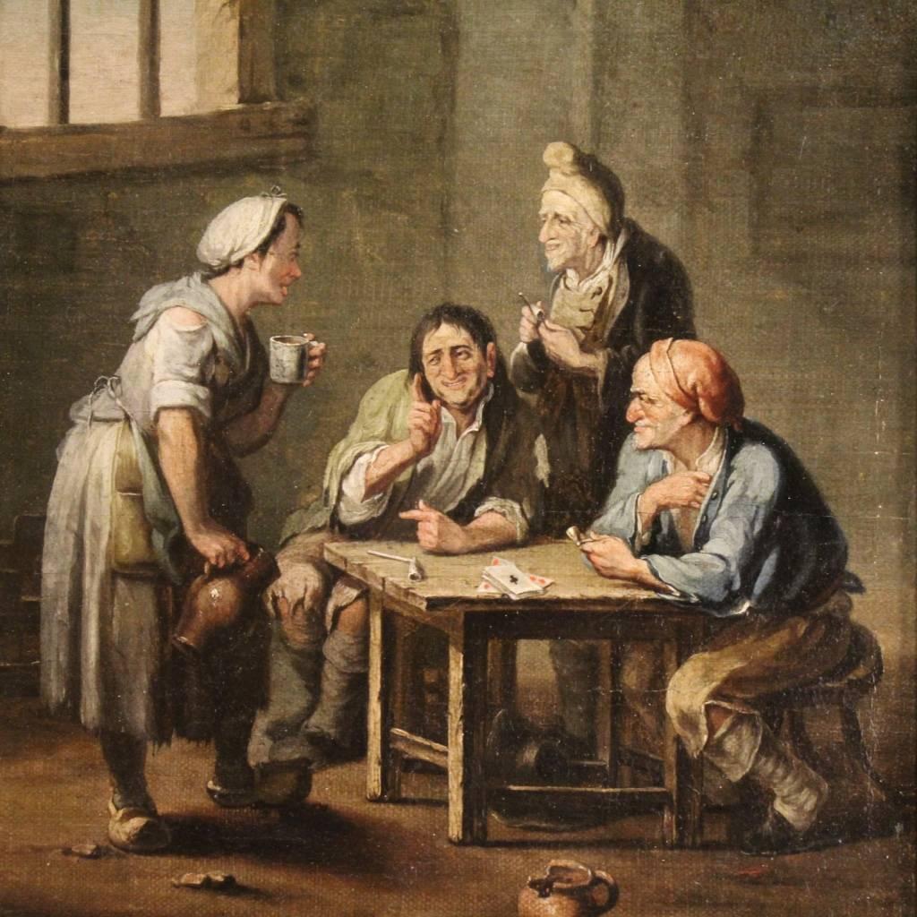 Antique Flemish painting from the early 19th century. Work oil on canvas depicting interior scene with card players of high quality. Fascinating painting finished in every detail, for antique dealers and collectors. Work already backed again which