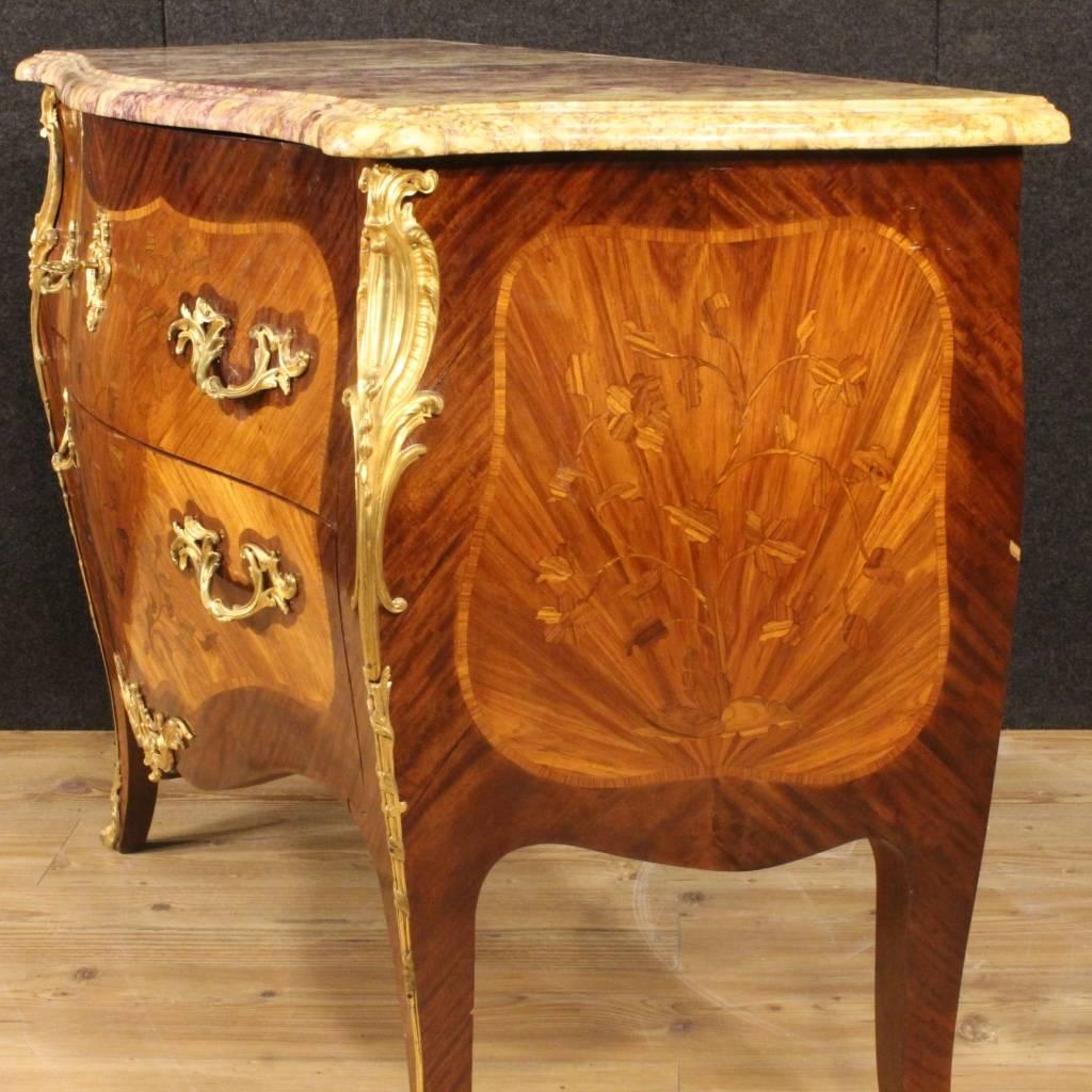 Bronze 20th Century French Inlaid Dresser in Louis XV Style With Marble Top