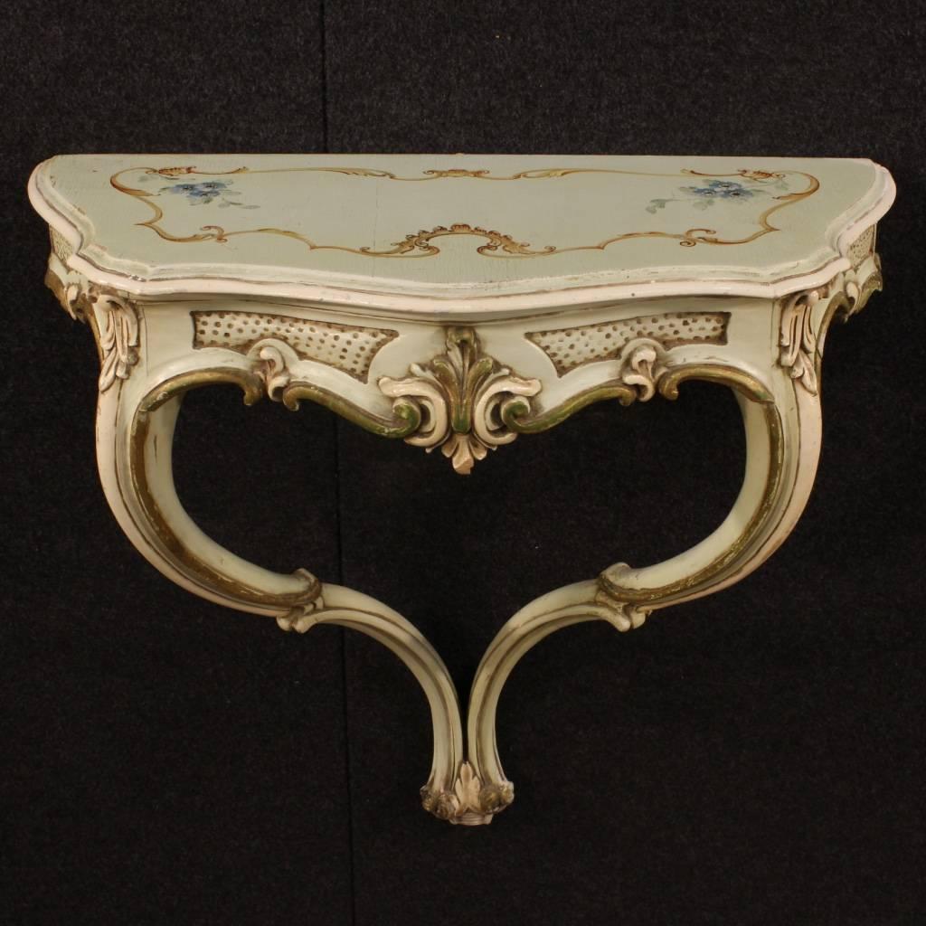 Italian 20th Century Pair of Venetian Lacquered and Painted Console Tables