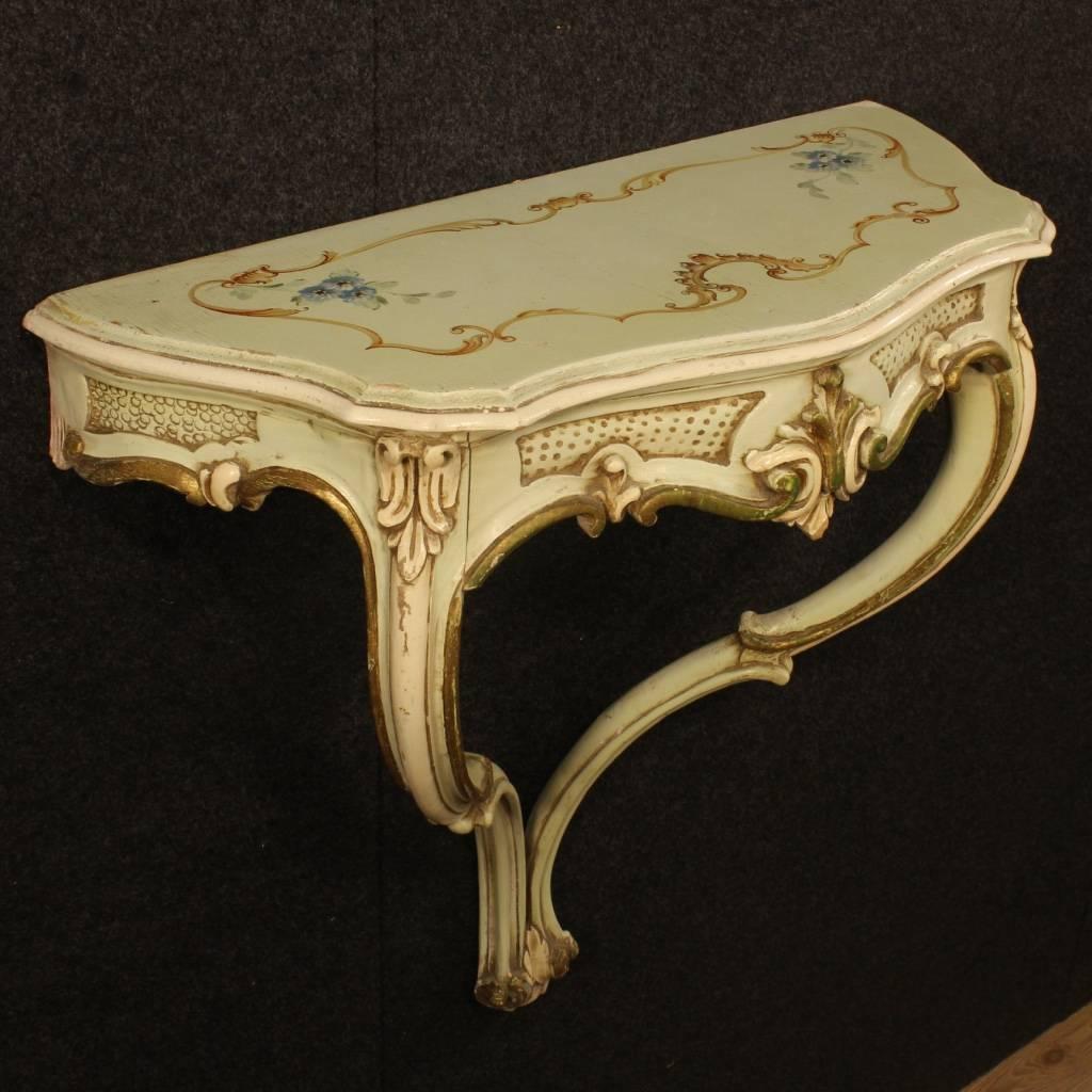 Gilt 20th Century Pair of Venetian Lacquered and Painted Console Tables