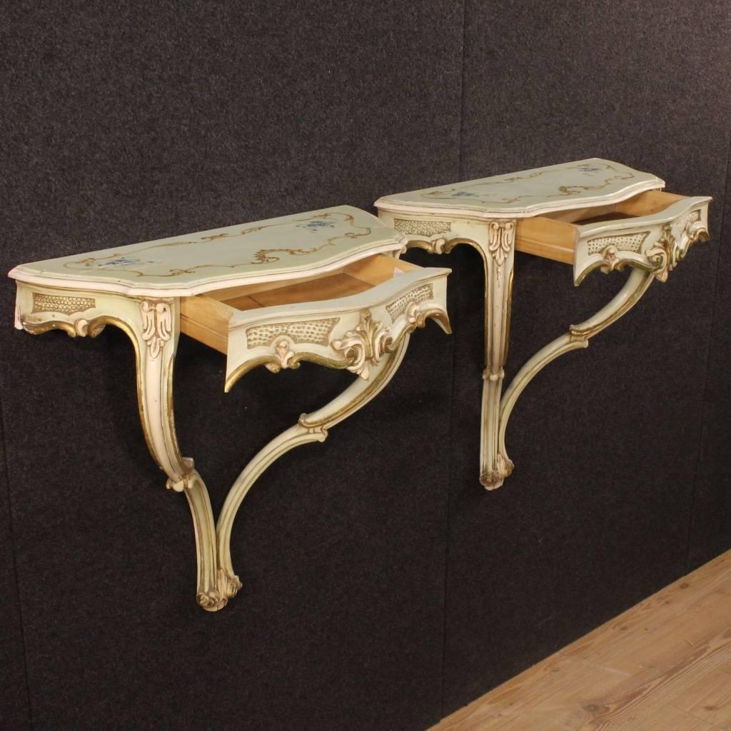 20th Century Pair of Venetian Lacquered and Painted Console Tables 3