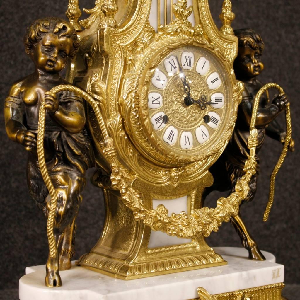Gilt 20th Century German Triptych Clock with Candlesticks in Marble