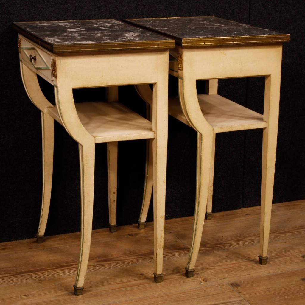 Gilt 20th Century Pair of French Lacquered Bedside Tables with Marble Top