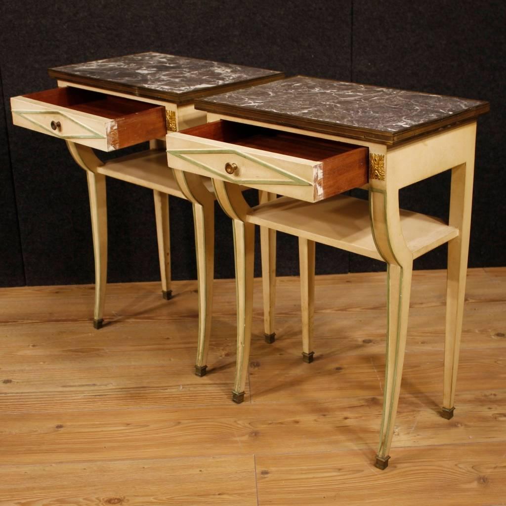 20th Century Pair of French Lacquered Bedside Tables with Marble Top 4