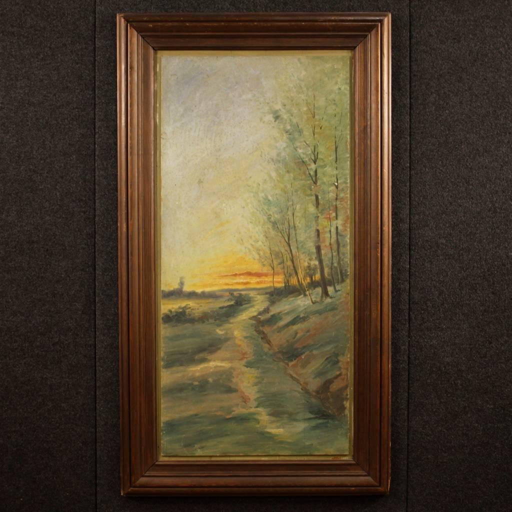 French paintings of the mid-20th century. Oil painting on panel depicting pleasant impressionist style landscapes of good pictorial hand. Paintings representing a mountain view and a sunset in the woods, of great decor. Carved wooden frames with