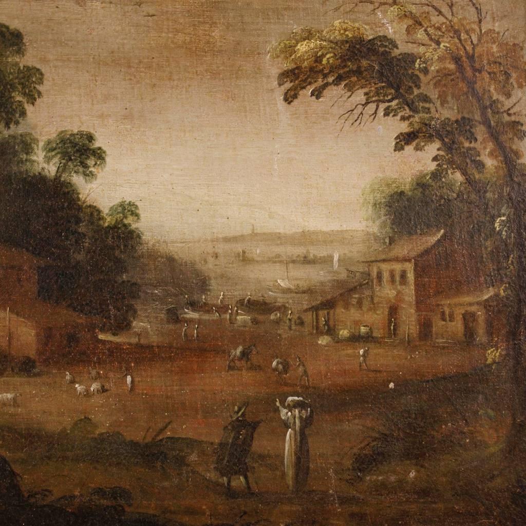 Antique French painting of the mid-18th century. Work oil on canvas depicting landscape with figures, houses and port view. Painting rich in details, adorned by the presence of animals and boats, of excellent pictorial hand. Painting that has