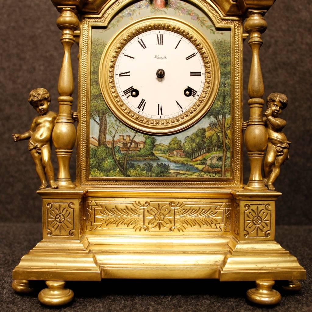 20th Century Italian Table Clock in Bronze with Signed Painted Decorations In Good Condition In Vicoforte, Piedmont