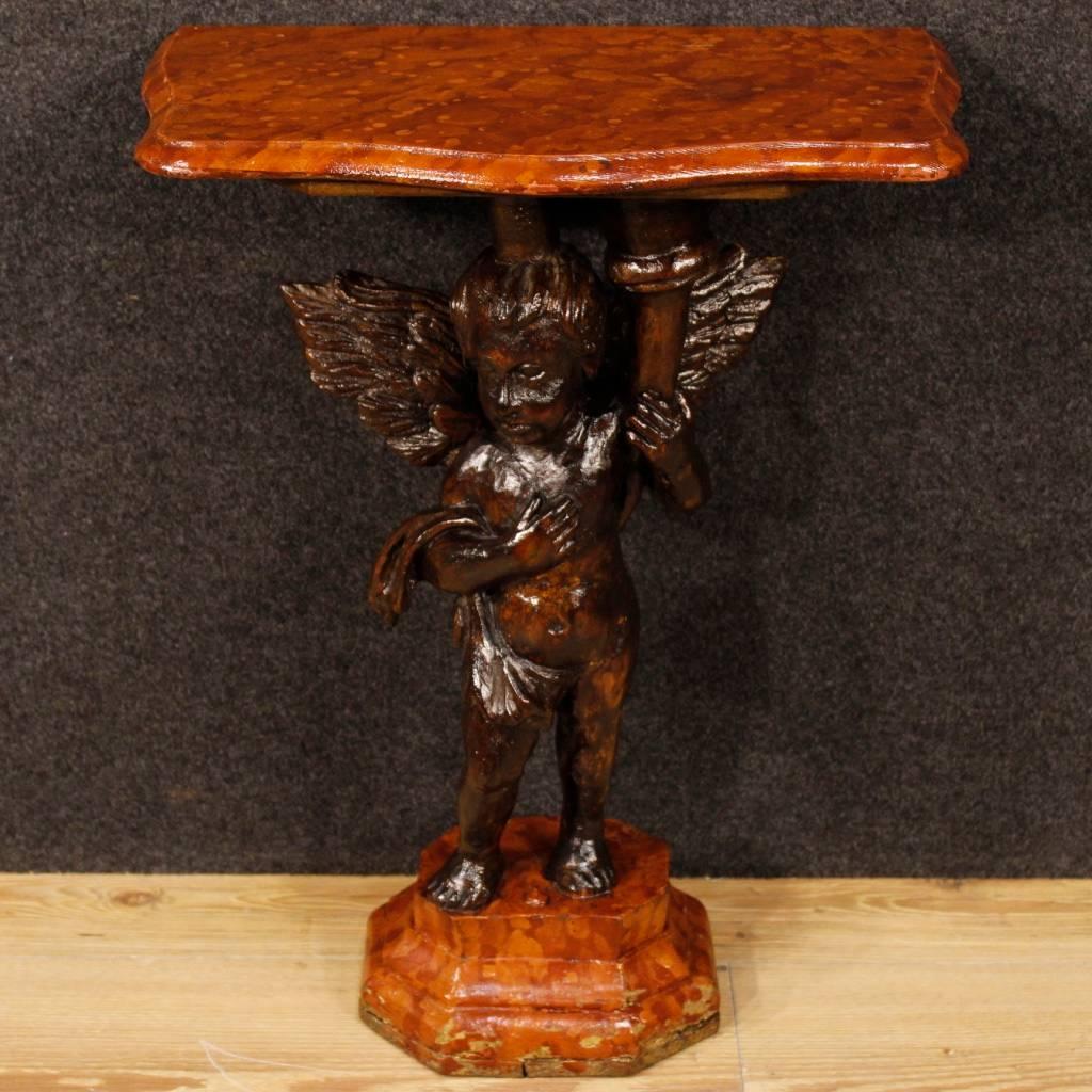 Wood 20th Century Pair of Italian Lacquered Side Tables with Little Angels Sculptures