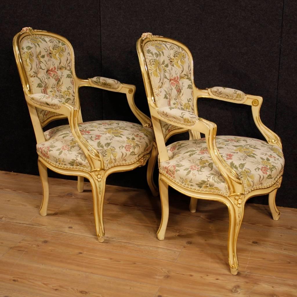20th Century Pair of Italian Lacquered and Gilt Armchairs In Good Condition In Vicoforte, Piedmont