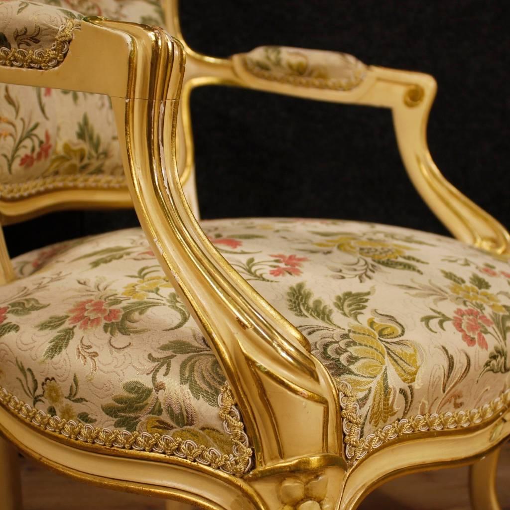 Fabric 20th Century Pair of Italian Lacquered and Gilt Armchairs