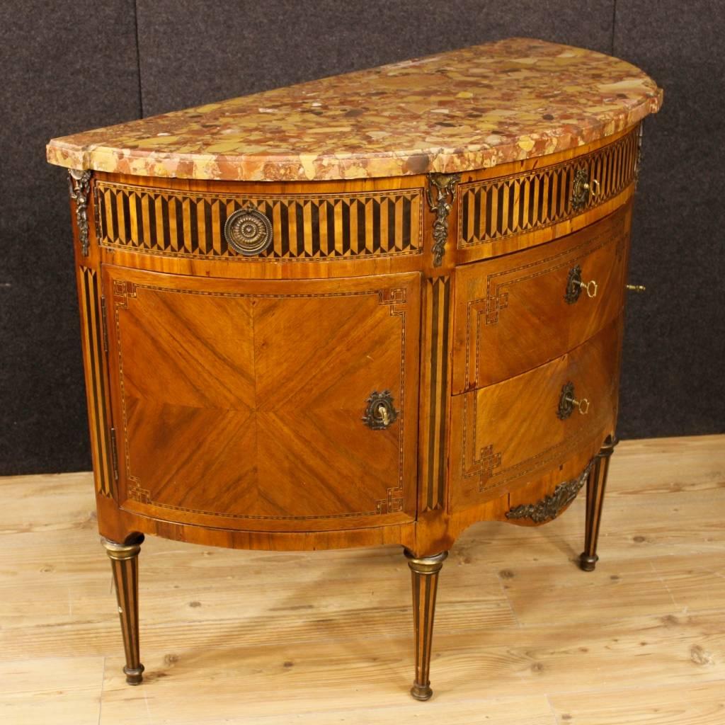 Brass 19th Century French Inlaid Demi Lune Dresser in Louis XVI Style