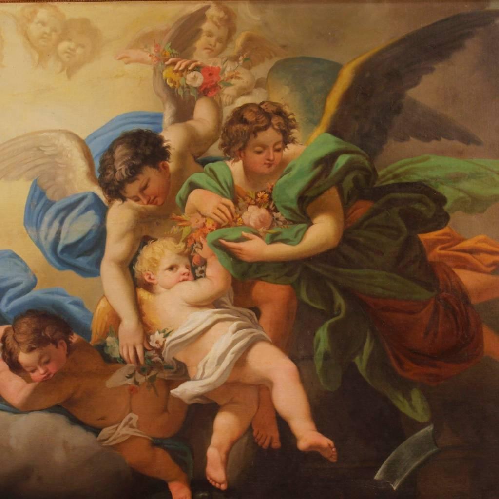 Great Italian painting of the 19th century. Oil painting on canvas glued on a pressed wood panel depicting a scene with little angels of excellent pictorial quality. Contemporary frame in carved and golden wood and plaster of beautiful decoration.