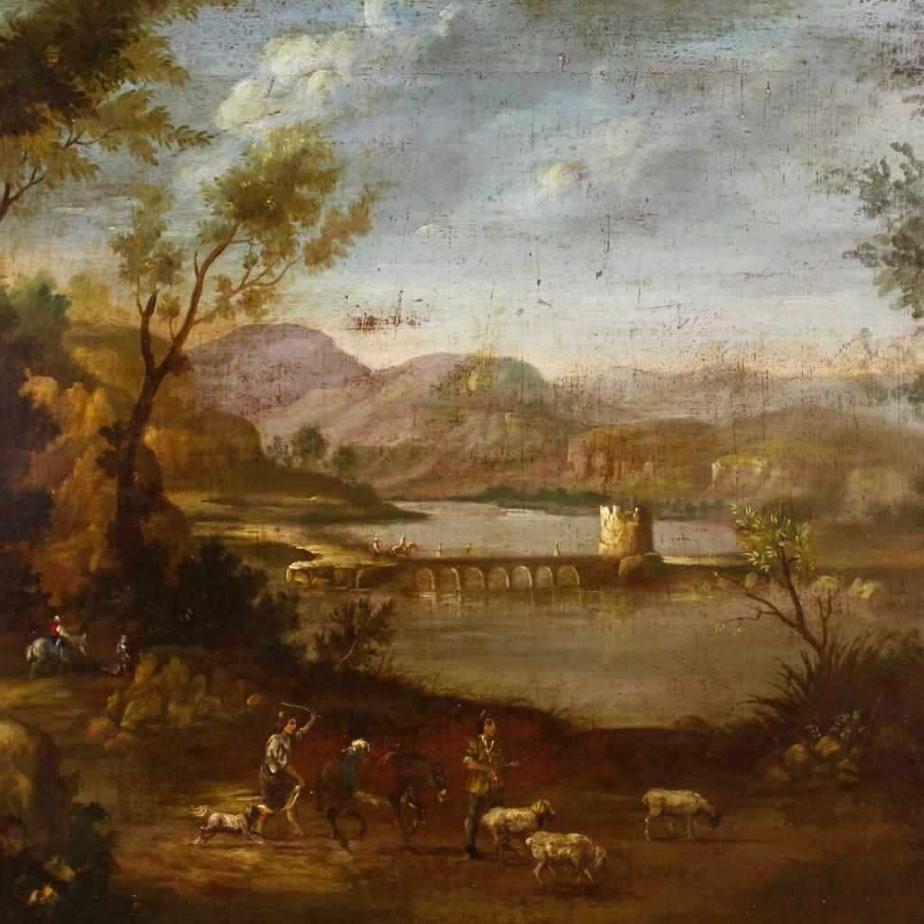 Italian painting of the early 19th century. Work oil on canvas depicting a pleasant landscape with figures and architectures. Framework of great proportions, with a wooden frame of the 20th century, lacquered and gilt. Painting that has already