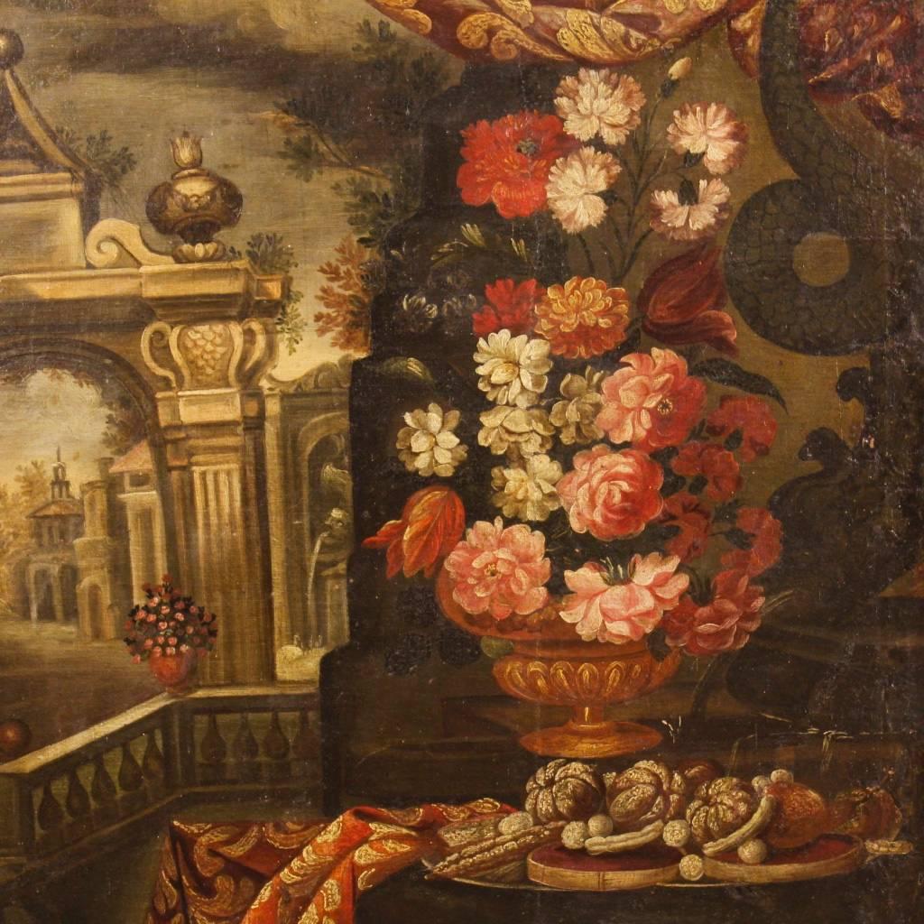 Canvas 18th Century Italian Painting Landscape with Architecture and Still Life