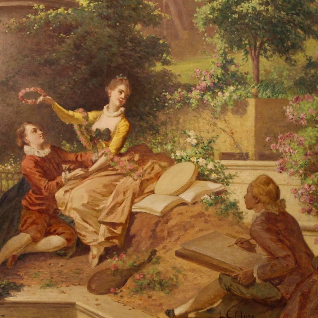 Antique Italian painting of the late 19th century. Work oil on canvas depicting a pleasant romantic scene with characters of excellent pictorial hand. Painting signed at the bottom right "L. Clara", for antiques dealers and collectors.