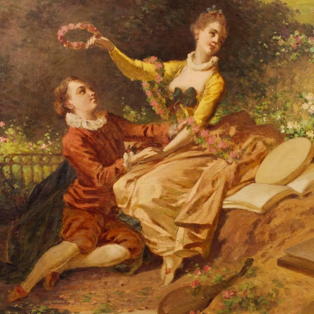 19th Century Italian Signed Painting Romantic Scene with Characters In Good Condition In Vicoforte, Piedmont
