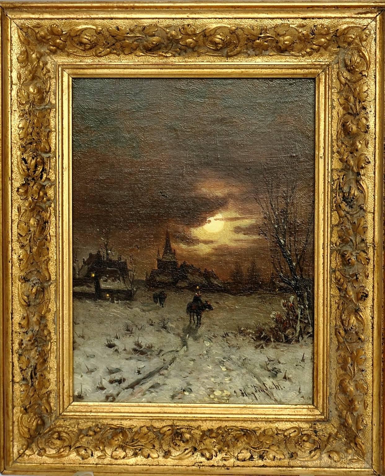 Heydendahl Friedrich Nicolai Joseph (1844-1906).
Born in Düsseldorf, Germany.
Winter landscape, oil on canvas, measures 24.2 x 18.3 cm (33.5 x 27.6 cm with frame).

