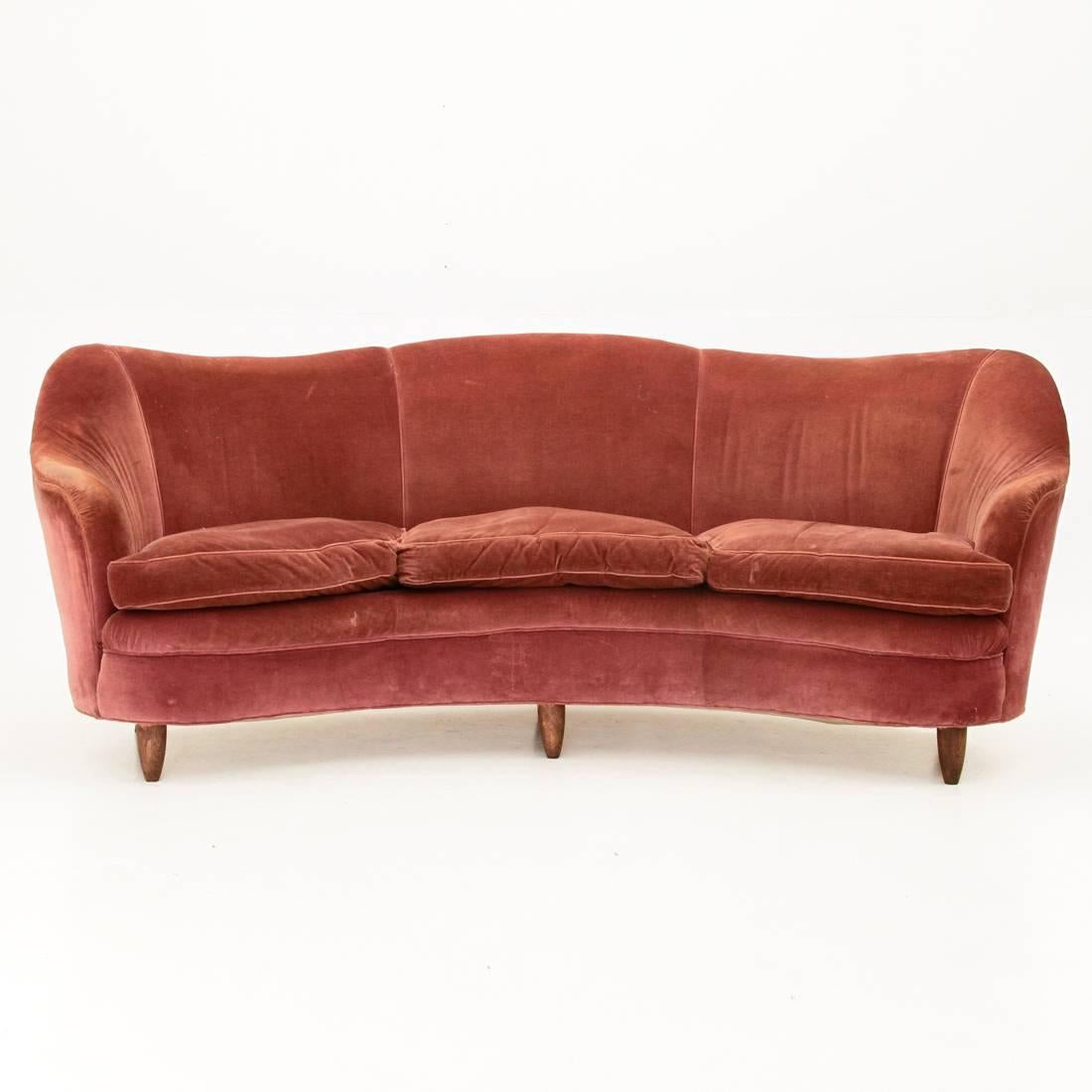 Mid-Century Modern Italian Curved Velvet Sofa, 1950s