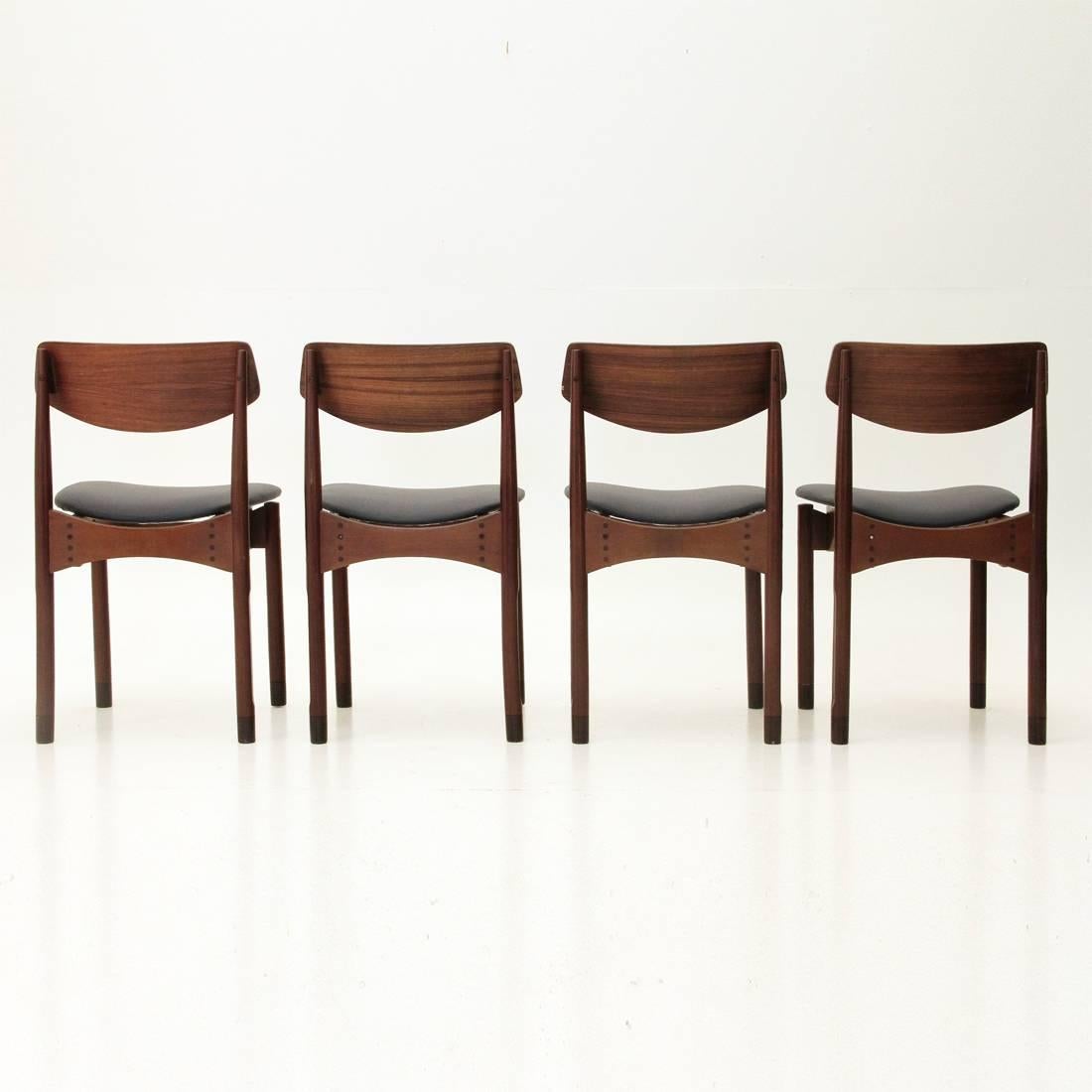 Mid-20th Century Italian Rosewood and Eco Leather Chairs, Set of Four, 1950s