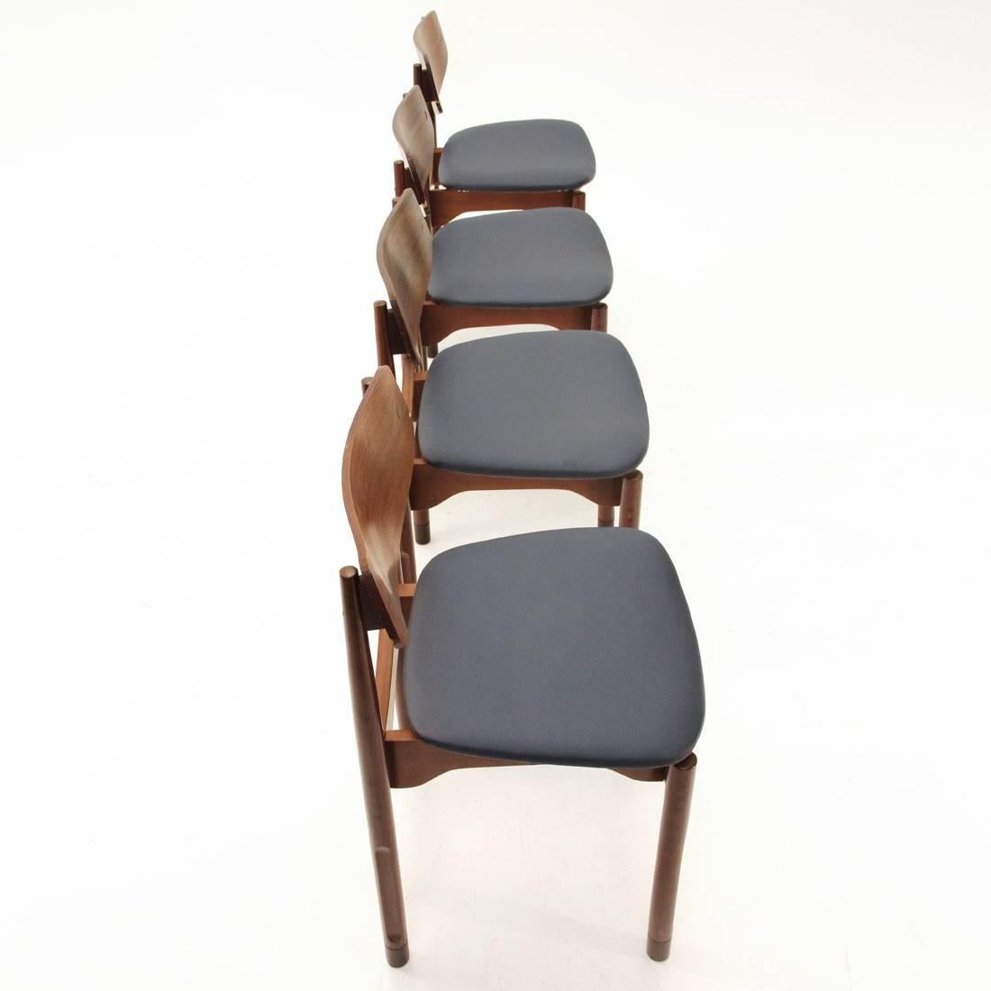 Mid-Century Modern Italian Rosewood and Eco Leather Chairs, Set of Four, 1950s