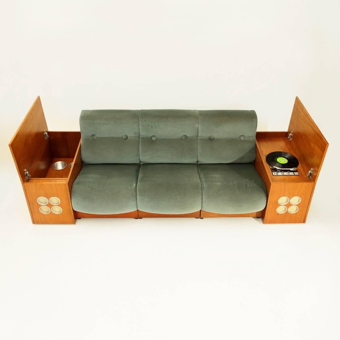 Mid-Century Modern Italian Mid-Century Modular Sofa with Bar Cabinet and Turntable Player Integrate
