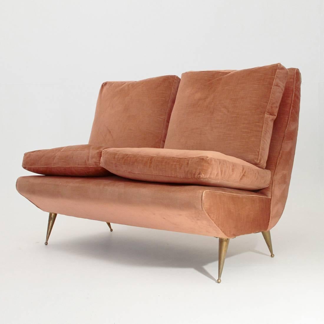 Mid-Century Modern Italian Two-Seat Brass Legs Sofa