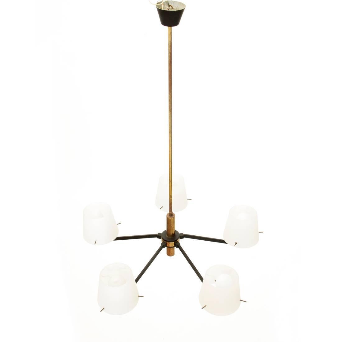 Mid-Century Modern Italian Brass and Opaline Glass Ceiling Lamp