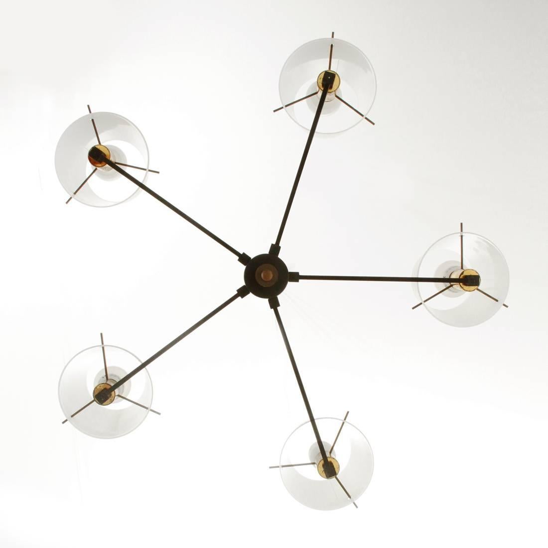 Mid-20th Century Italian Brass and Opaline Glass Ceiling Lamp