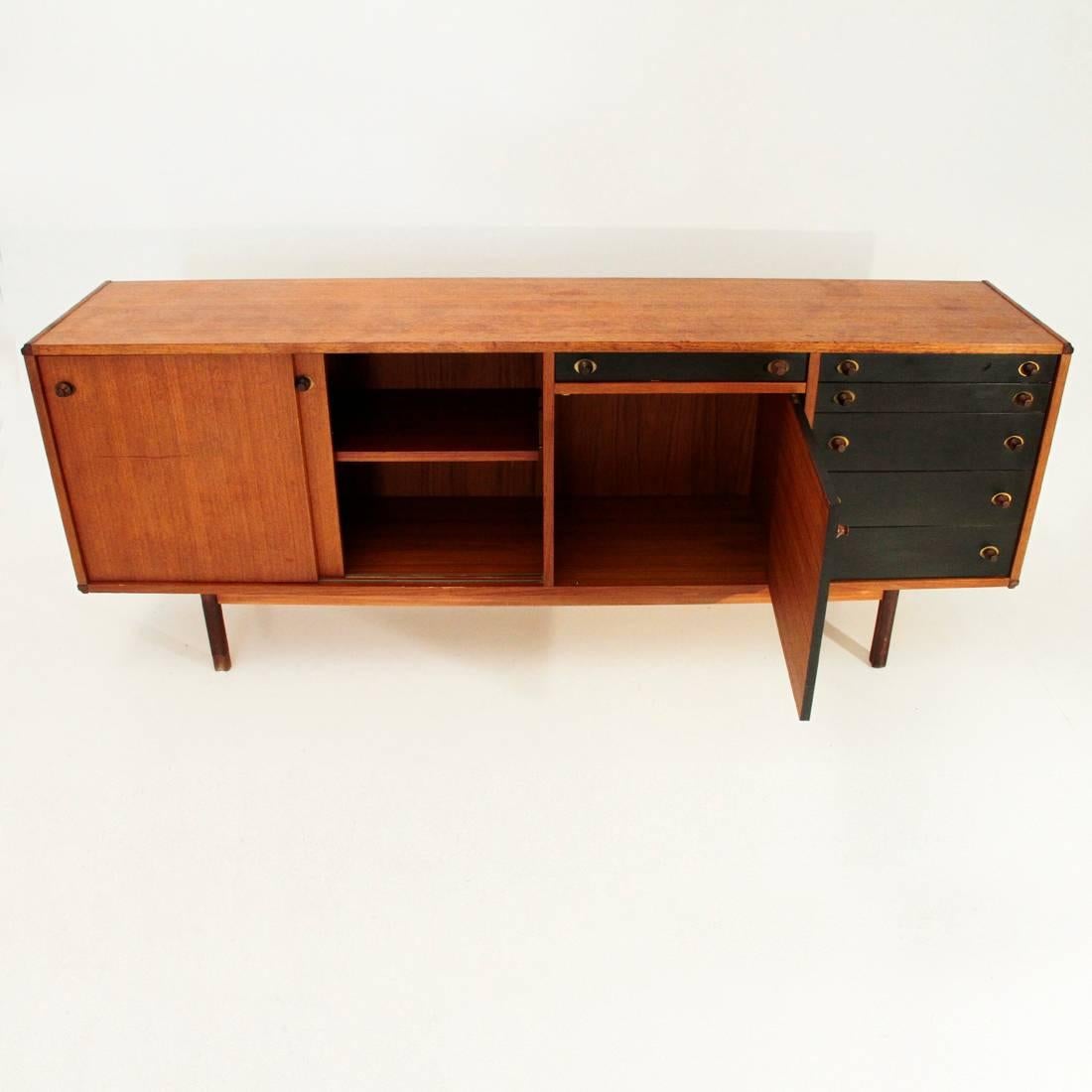 Mid-20th Century Italian Sideboard with Wood and Brass Knobs