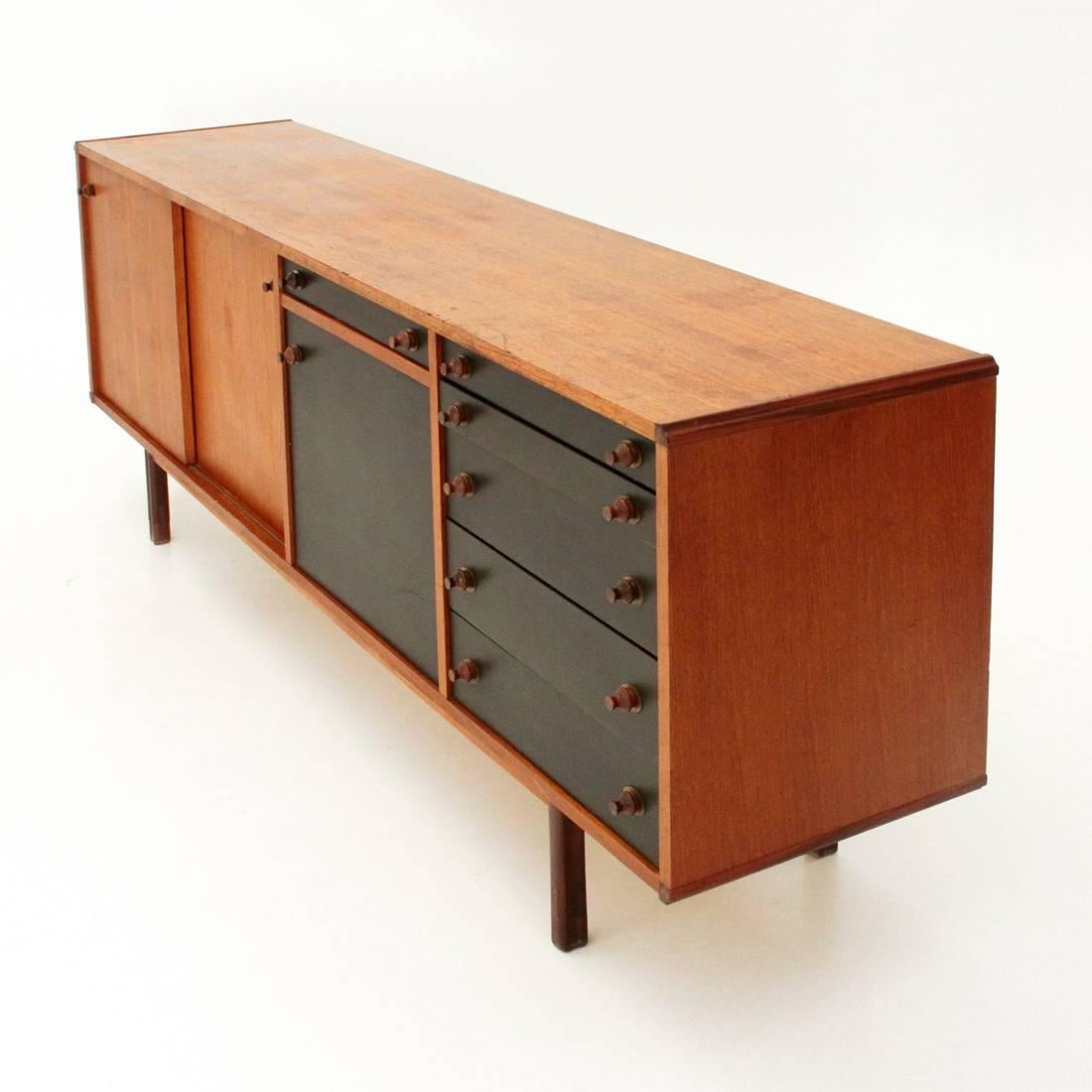 Mid-Century Modern Italian Sideboard with Wood and Brass Knobs
