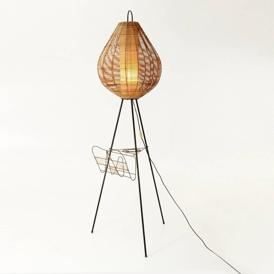 Mid-Century Modern Tripod Floor Lamp with Cane Diffusor