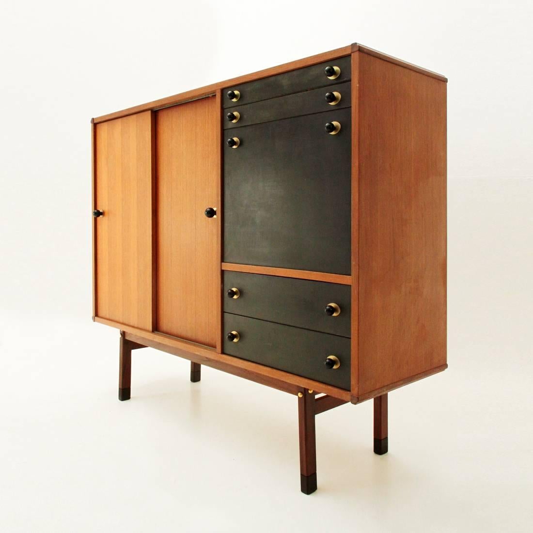 Mid-Century Modern Italian Highboard with Wood and Brass Knobs