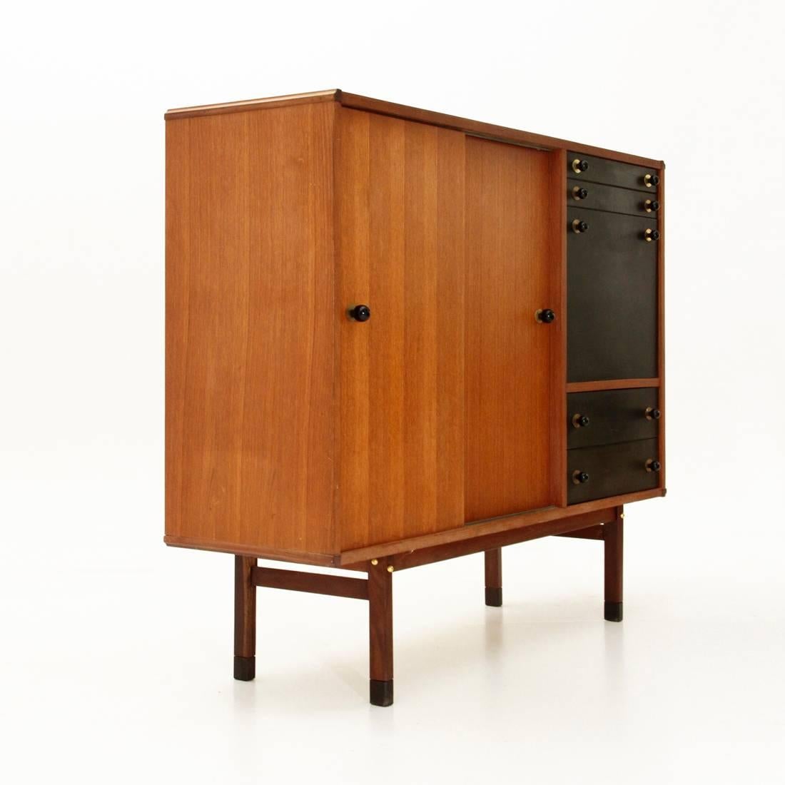 Mid-20th Century Italian Highboard with Wood and Brass Knobs
