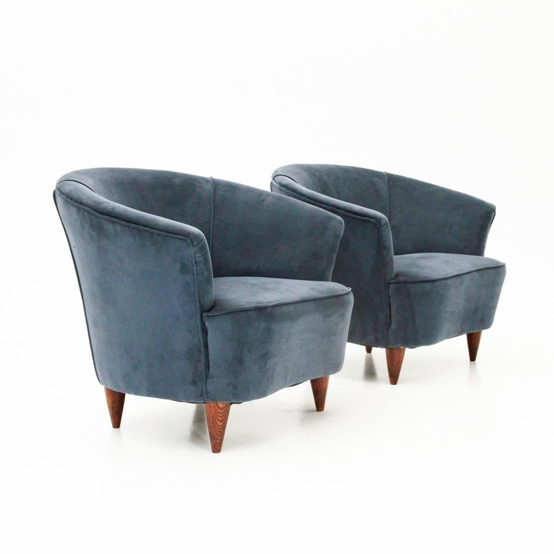 Mid-Century Modern Two Italian Blue Velvet Armchairs