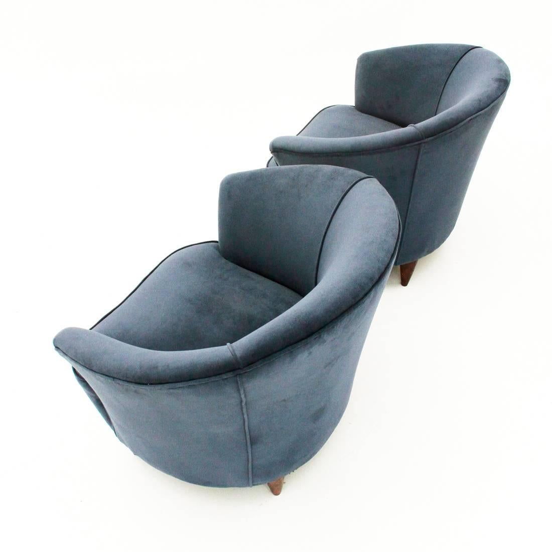 Mid-20th Century Two Italian Blue Velvet Armchairs