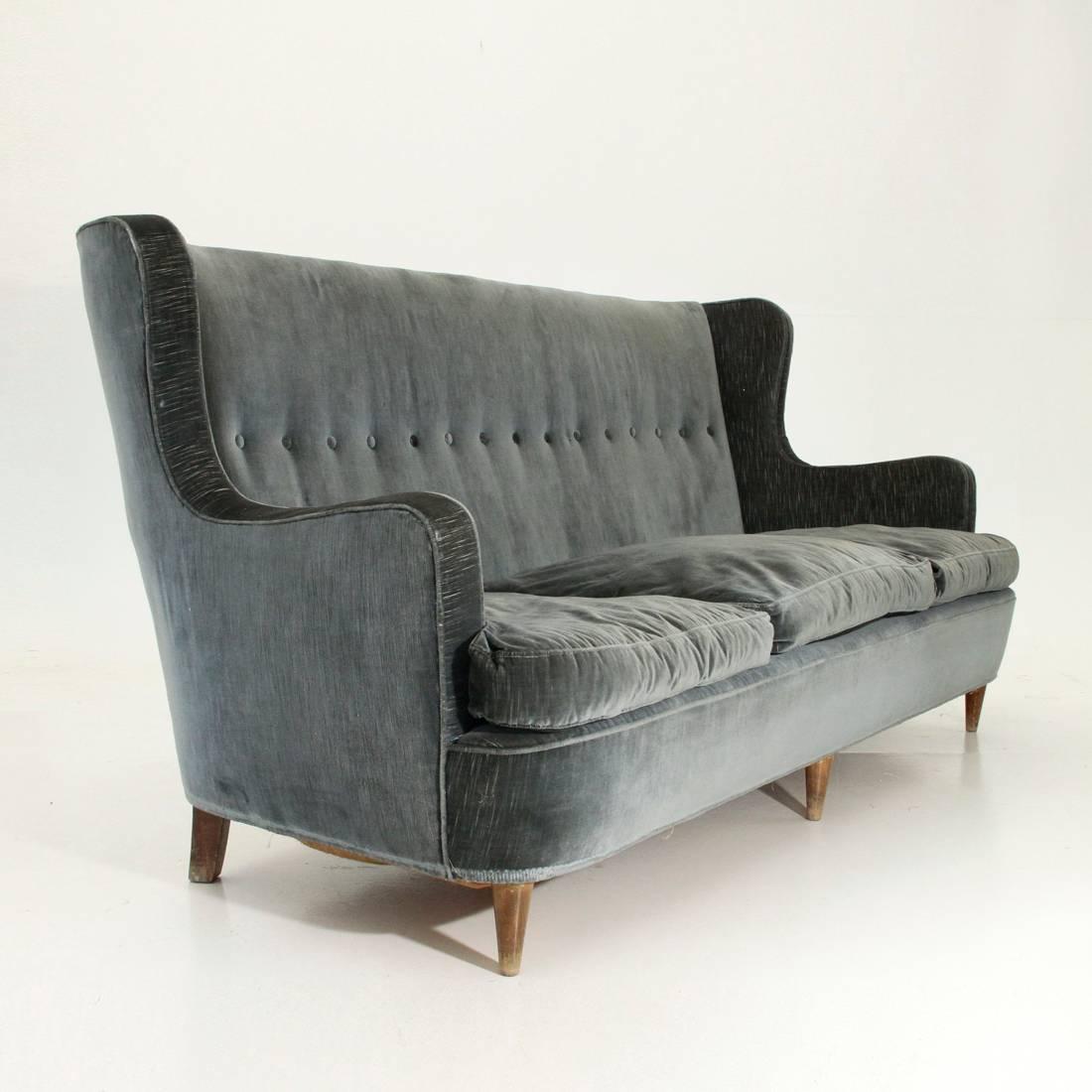 Mid-Century Modern Italian Three-Seat Velvet Sofa