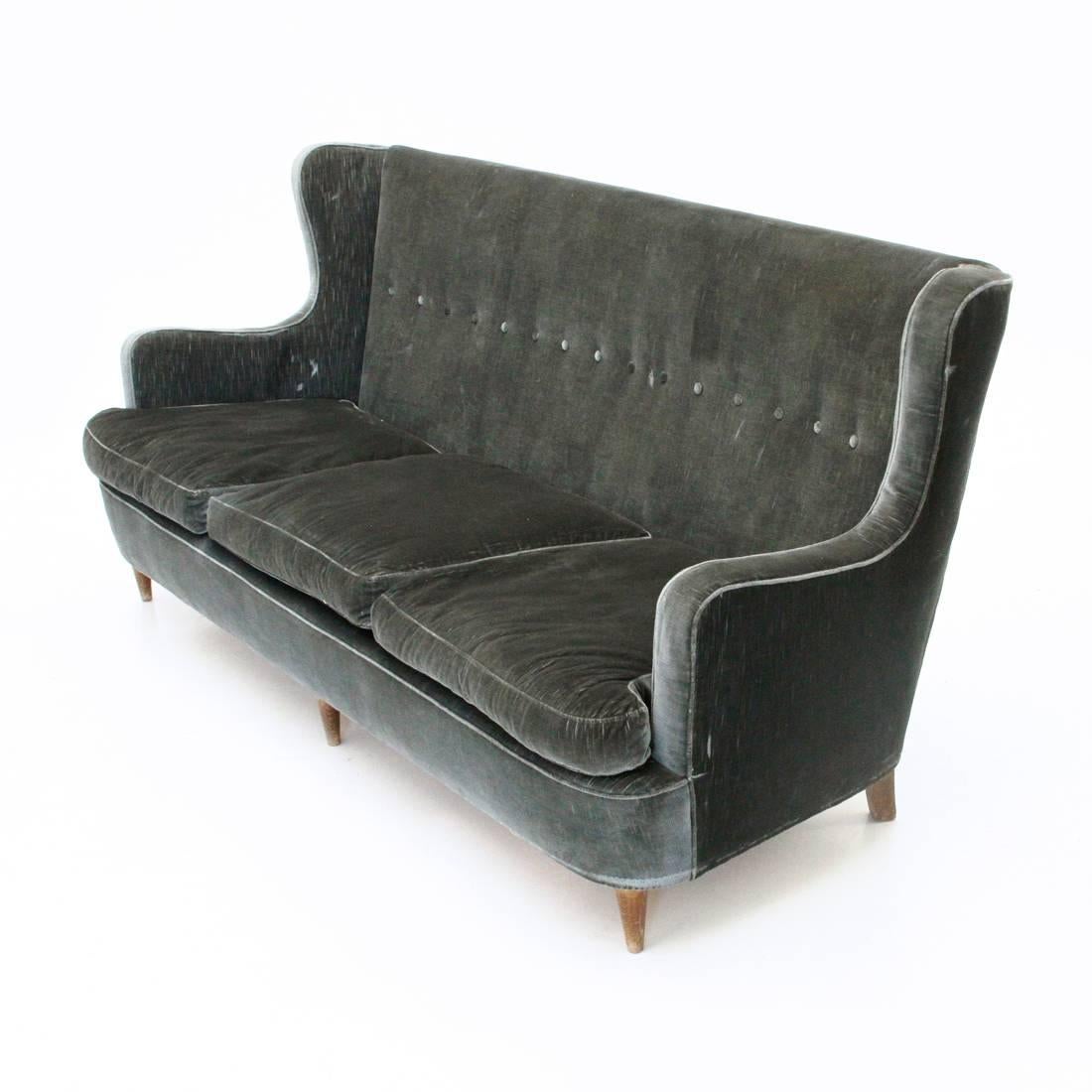 Mid-20th Century Italian Three-Seat Velvet Sofa